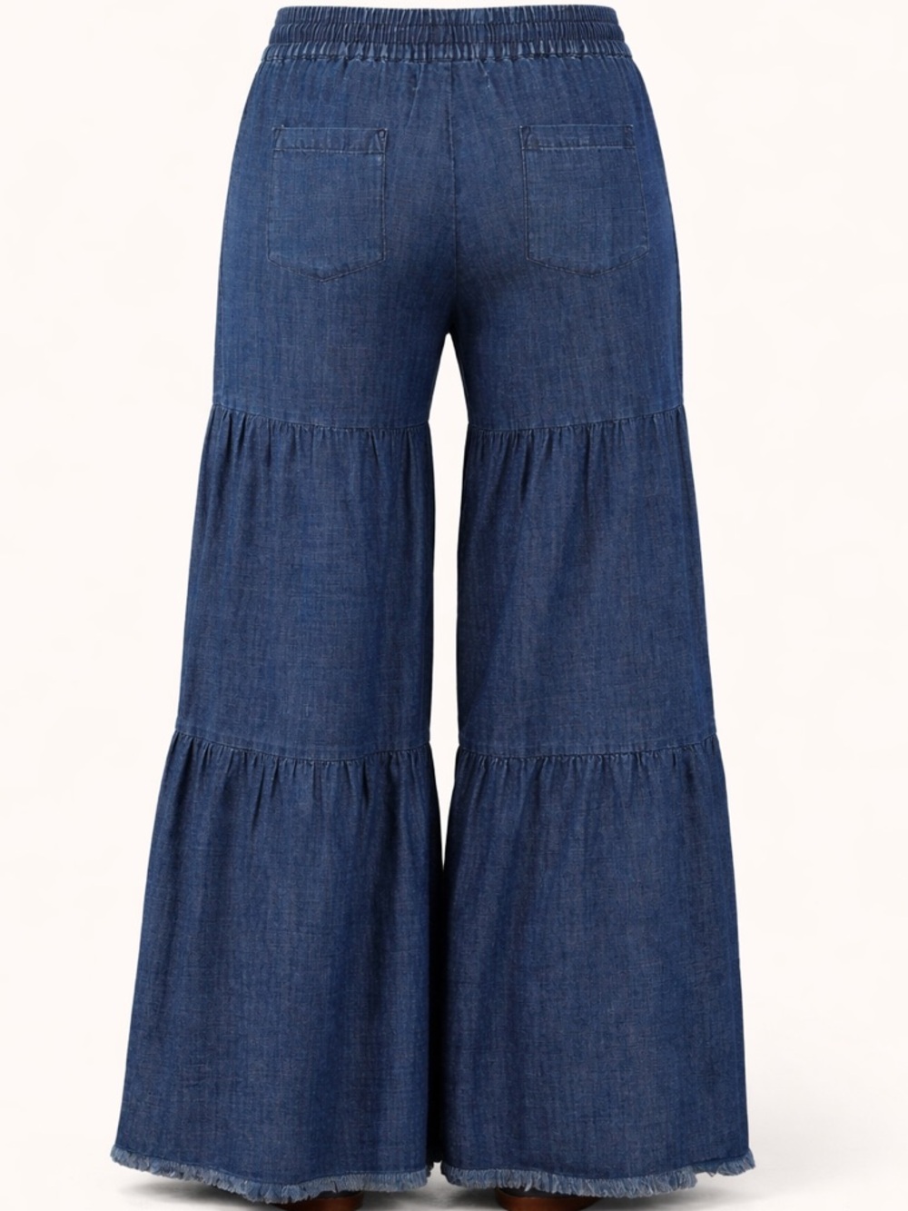 Billy T Fancy Tiered Wide Leg Denim Pants L Blue Boho Pull On - Picture 3 of 3